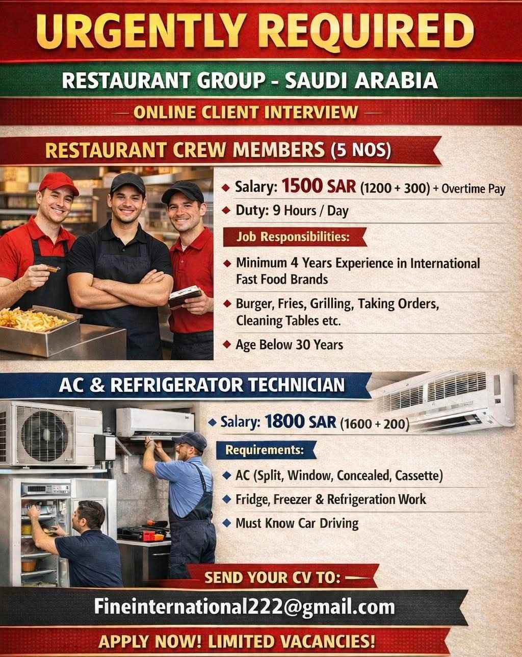 URGENTLY REQUIRED

RESTAURANT GROUP - SAUDI ARABIA