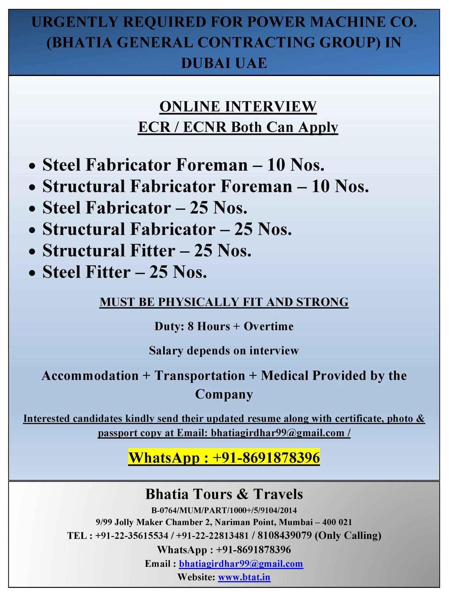 URGENTLY REQUIRED FOR POWER MACHINE CO. (BHATIA GENERAL CONTRACTING GROUP) IN DUBAI